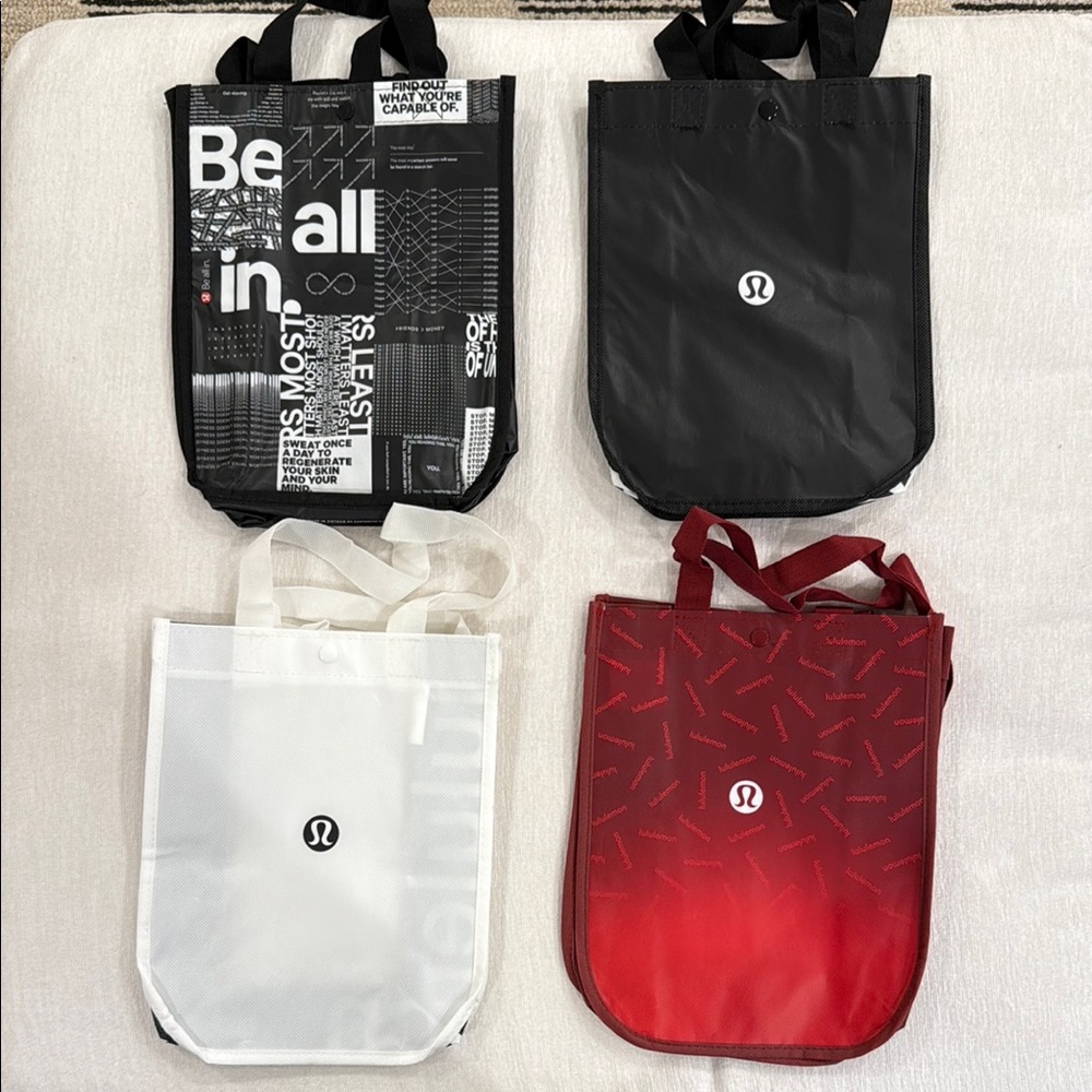 Lululemon 4 Small Reusable Tote Bags Set - Red, Black, White